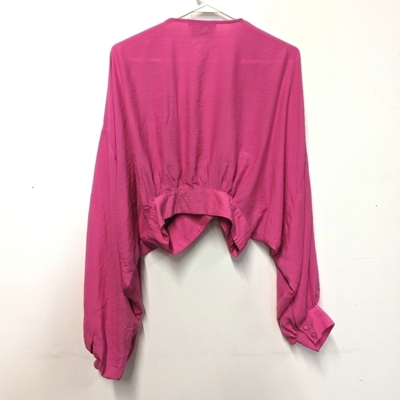 Blush Boutique Hot Pink Crop Top with Deep V and Bishop Sleeve L - Picture 7 of 10